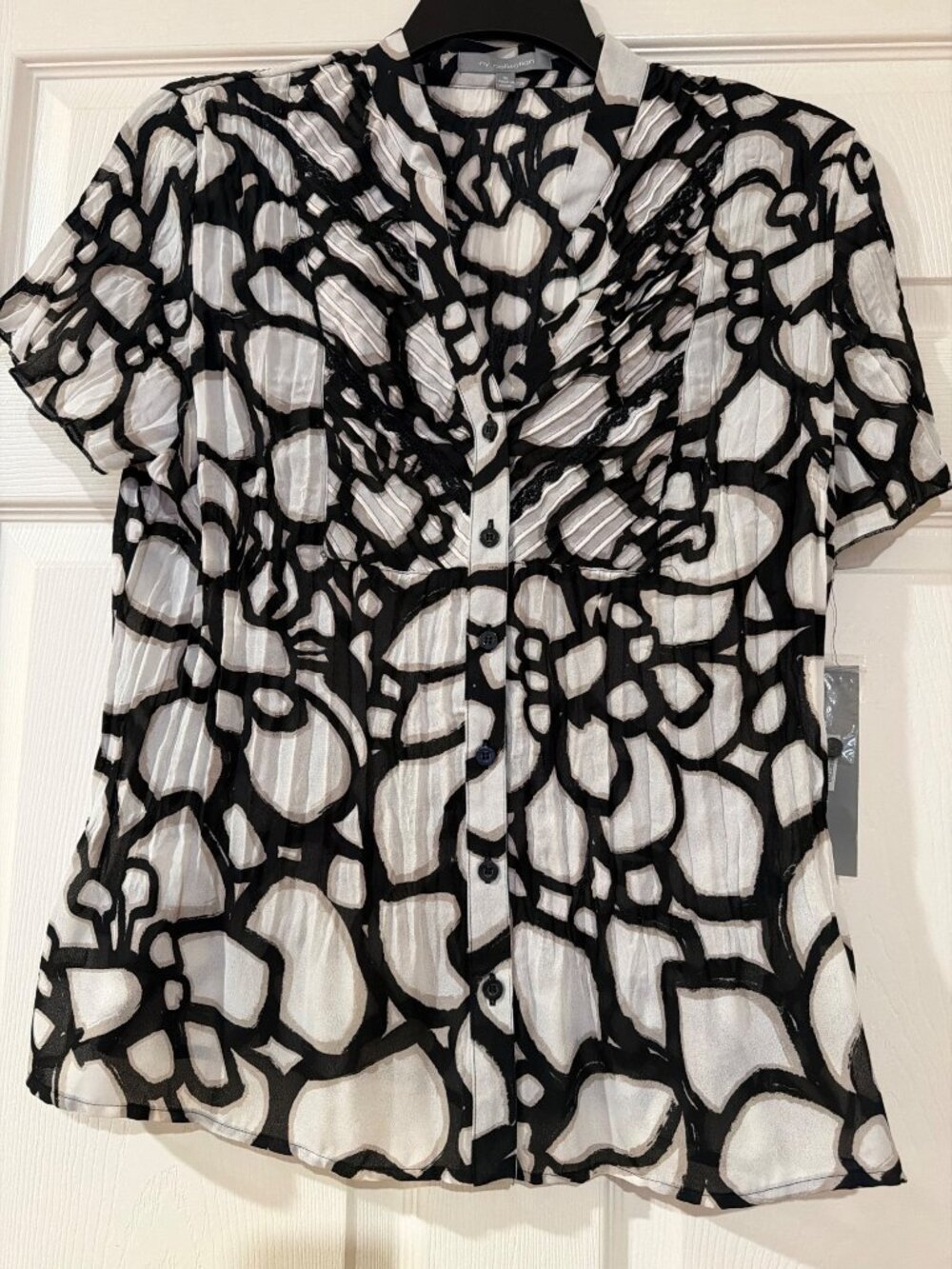 NY Collection Womens XL Black & White Floral Button-Down Short-Sleeve Blouse